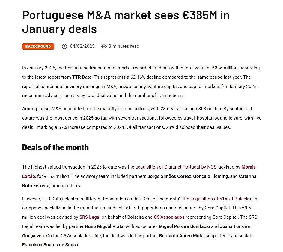 Portuguese M&A market sees 385M in January deals